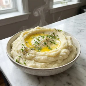 A fluffy mound of creamy whipped cauliflower mash sits in a rustic bowl. A golden pool of melted butter fills a central well, garnished with freshly chopped green chives and a sprinkle of black pepper. A gentle wisp of steam rises from the warm dish.