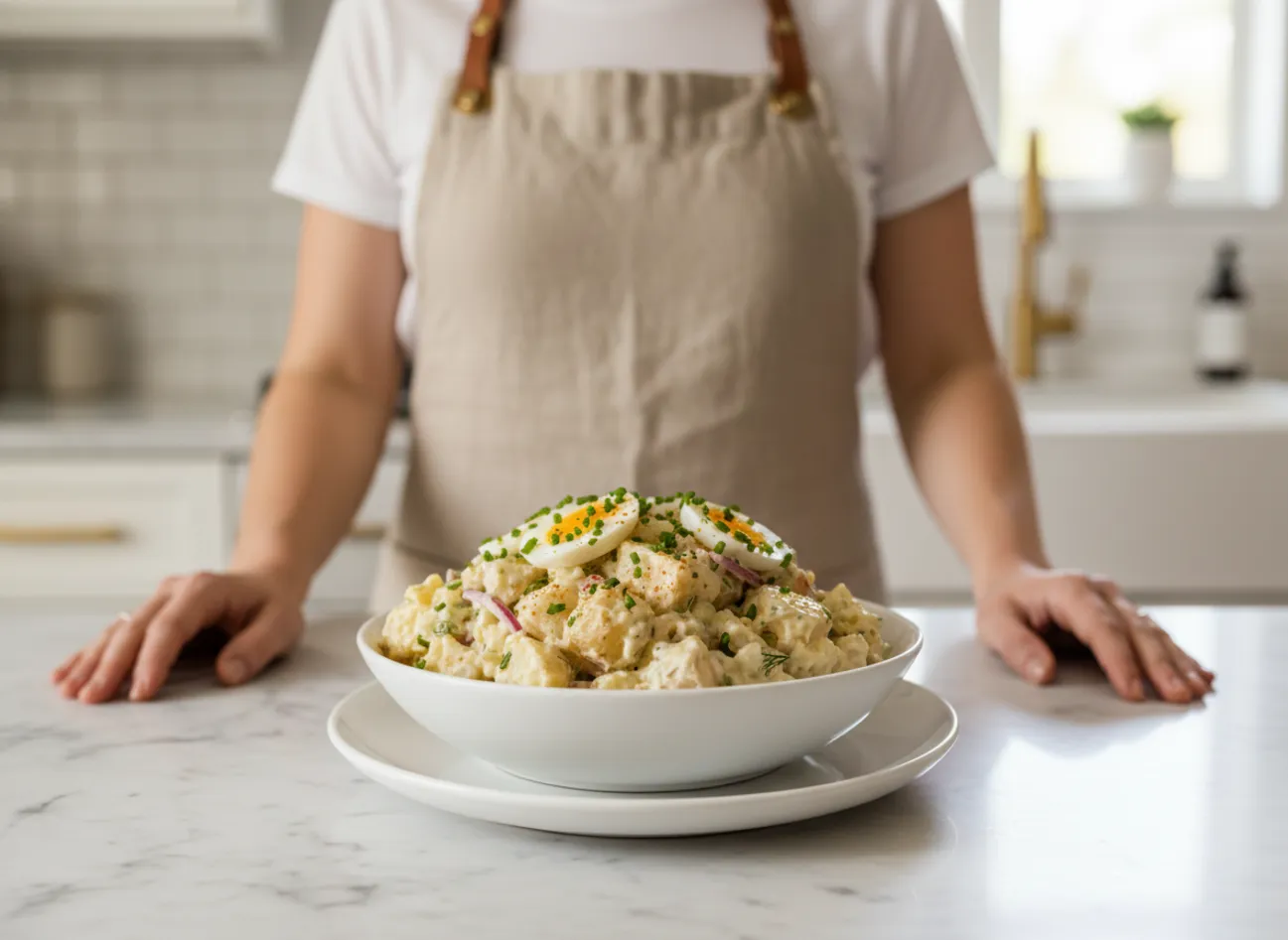 A beautiful bowl of the best potato salad in the world on a picnic blanket.