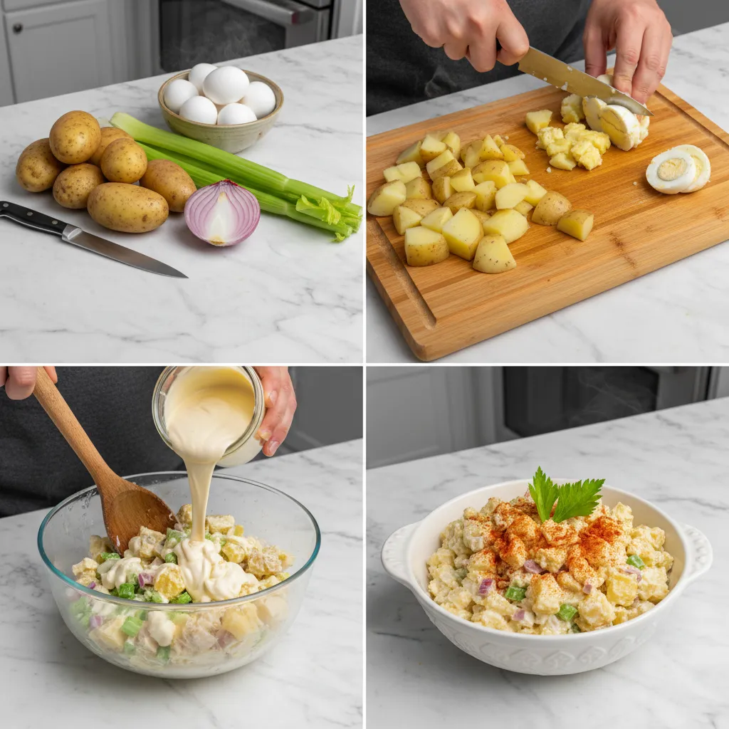 A grid showing the steps to make the potato salad.