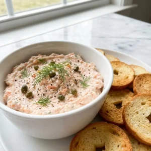 A creamy, pale pink smoked salmon dip in a white ceramic bowl. The dip is textured with visible flakes of pink salmon and garnished with fresh green dill, capers, and a sprinkle of black pepper. Served with toasted bagel chips arranged on the side for dipping.
