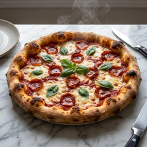 A whole pizza with a thick, puffy, golden-brown crust featuring charred blisters. Topped with pools of bubbly, melted mozzarella, vibrant red sauce, and crispy pepperoni cups. Garnished with scattered fresh green basil leaves, with delicate wisps of steam rising from the surface.