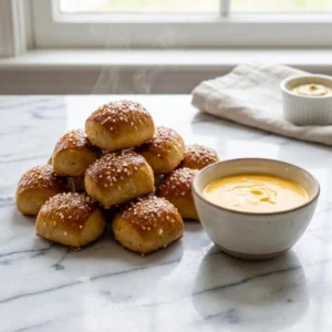 A pile of warm, golden-brown soft pretzel bites with a shiny crust, sprinkled generously with coarse sea salt. A small bowl of thick, creamy, vibrant yellow cheese sauce sits beside them for dipping. Steam gently rises from the freshly baked bites.