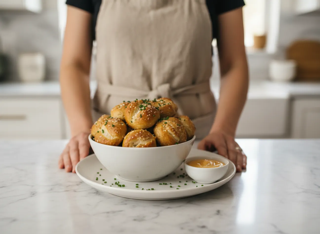 Finished pretzel bites on a serving platter with dipping sauce