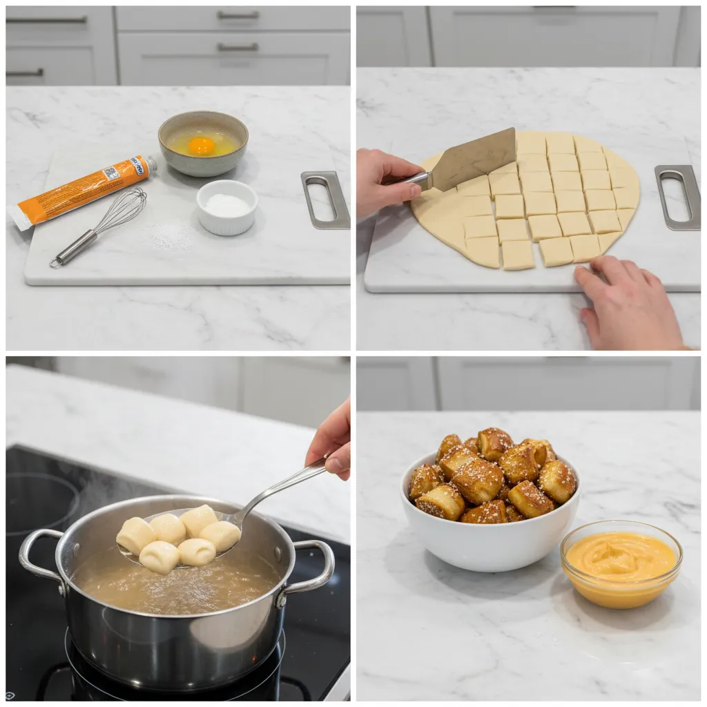 A four-panel grid showing the steps to make pretzel bites