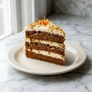 A tall, decadent slice of moist carrot cake on a ceramic plate. Generous, rustic swirls of thick cream cheese frosting separate the richly textured, spice-flecked layers. The top is garnished with a delicate sprinkle of finely chopped walnuts, captured in warm, soft lighting.