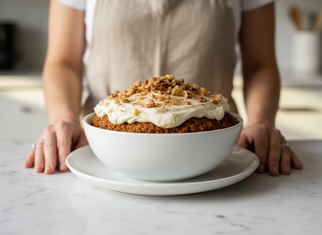 A slice of carrot cake on a plate next to the whole cake.