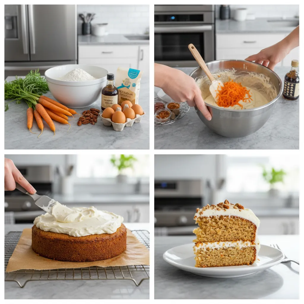 A grid of four images showing the steps to make carrot cake.