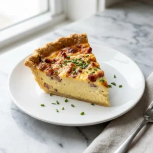 A perfect slice of traditional quiche on a plate. The golden, flaky pastry crust holds a creamy, pale yellow egg custard. The top is beautifully browned, studded with savory pieces of bacon and melted cheese. A light garnish of fresh chives is sprinkled over.
