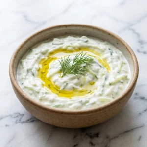 A rustic ceramic bowl of thick, creamy white tzatziki, speckled with fine green shreds of cucumber. A glistening swirl of golden olive oil pools on the surface, garnished with a fresh sprig of dill. Close-up shot, bright natural light.