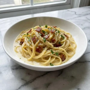 A tangle of spaghetti is coated in a glossy, creamy, pale yellow sauce, served in a shallow bowl. The pasta is dotted with crispy, browned vegan bacon bits, generously dusted with coarse black pepper, and garnished with fresh parsley. A gentle wisp of steam rises from the dish.