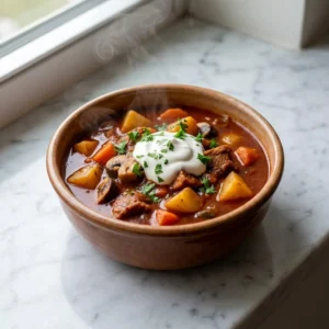 A rustic bowl of thick, deep-red vegan goulash, with hearty chunks of tender vegetables and plant-based meat visible in the glossy stew. The dish is garnished with a dollop of creamy white vegan sour cream and a sprinkle of vibrant green parsley, with delicate wisps of steam rising.