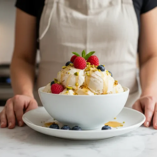 Two perfect scoops of ultra-creamy, silken ice cream in a simple ceramic bowl. The texture is velvety and smooth. Garnished with a scatter of fresh, vibrant raspberries and blueberries, with a single mint leaf. Food photography with bright, natural light against a minimalist background.