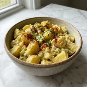 A generous serving of old-fashioned Southern potato salad in a rustic bowl. The creamy, mustard-yellow dressing coats tender chunks of potato, with visible specks of celery and onion. A vibrant sprinkle of paprika and chopped fresh parsley garnishes the top.