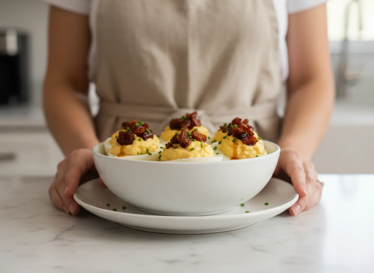 Whiskey bacon jam deviled eggs on a platter ready for a party.
