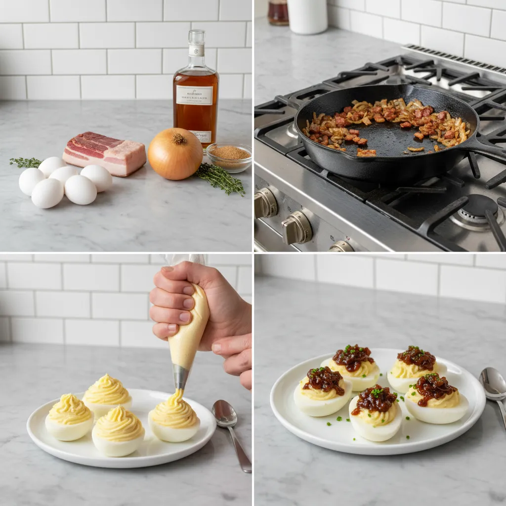 A grid showing the steps to make whiskey bacon jam deviled eggs.