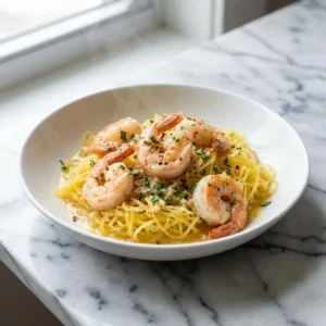 A shallow bowl holds a nest of golden spaghetti squash strands, topped with plump, pink shrimp coated in a glistening scampi sauce. A vibrant sprinkle of freshly chopped green parsley and red pepper flakes finishes the dish, with a slight wisp of steam rising.