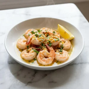Plump, pink shrimp tossed in a glistening, buttery lemon-garlic sauce. The dish is generously sprinkled with vibrant green parsley and golden minced garlic, served in a shallow bowl with a bright yellow lemon wedge on the rim. A delicate wisp of steam rises from the dish.