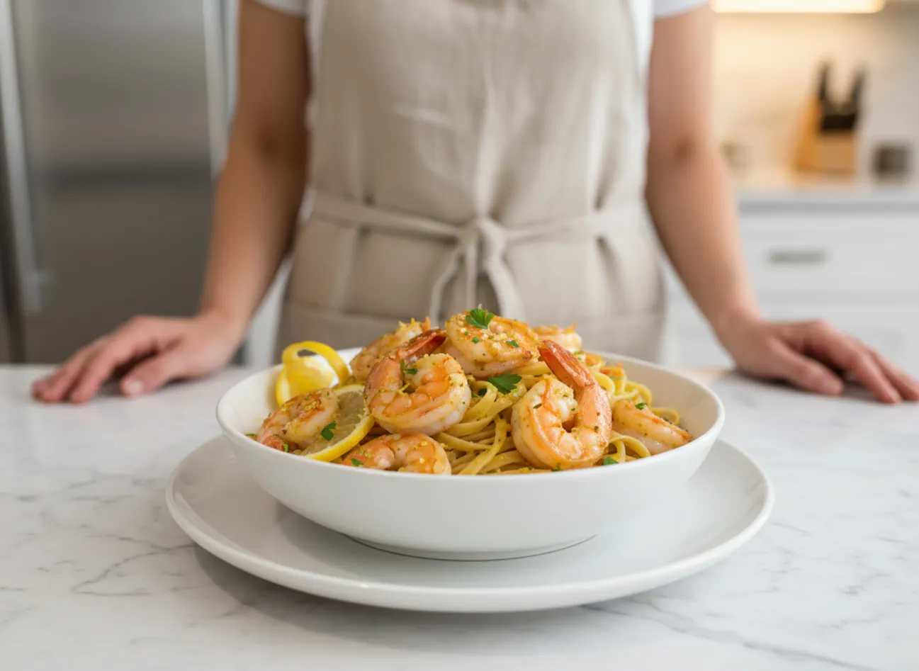 A beautiful plate of lemon garlic shrimp scampi being served at a dinner table.
