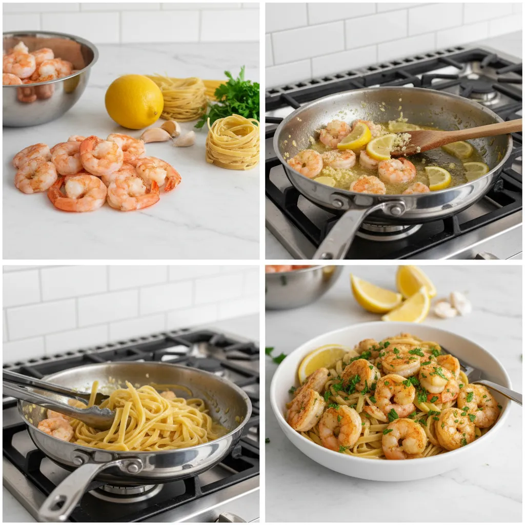 A grid of four images showing the step-by-step process of making the shrimp scampi.