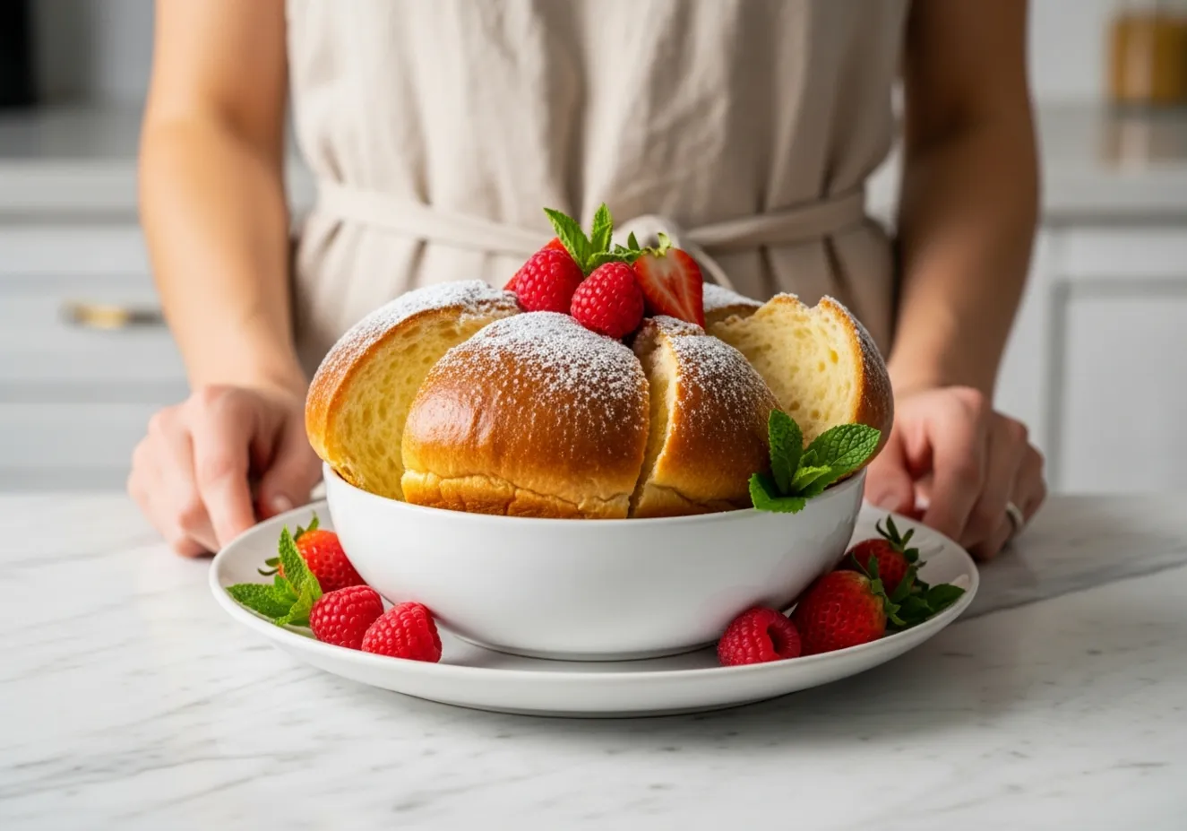 A freshly baked gluten free brioche loaf on a wooden board.