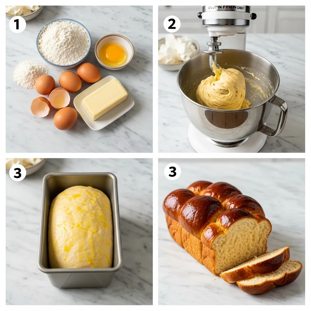 A grid showing the steps to make gluten free brioche.