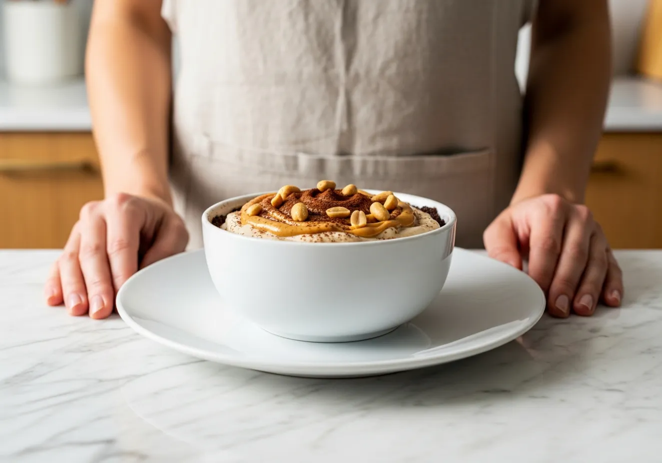 A slice of healthy peanut butter pie on a plate.