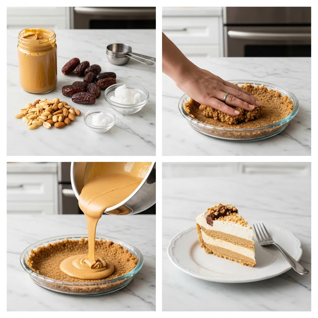 A grid showing the steps to make the peanut butter pie.