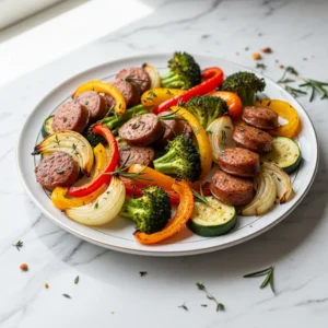 Keto Sheet Pan Sausage And Veggies featured
