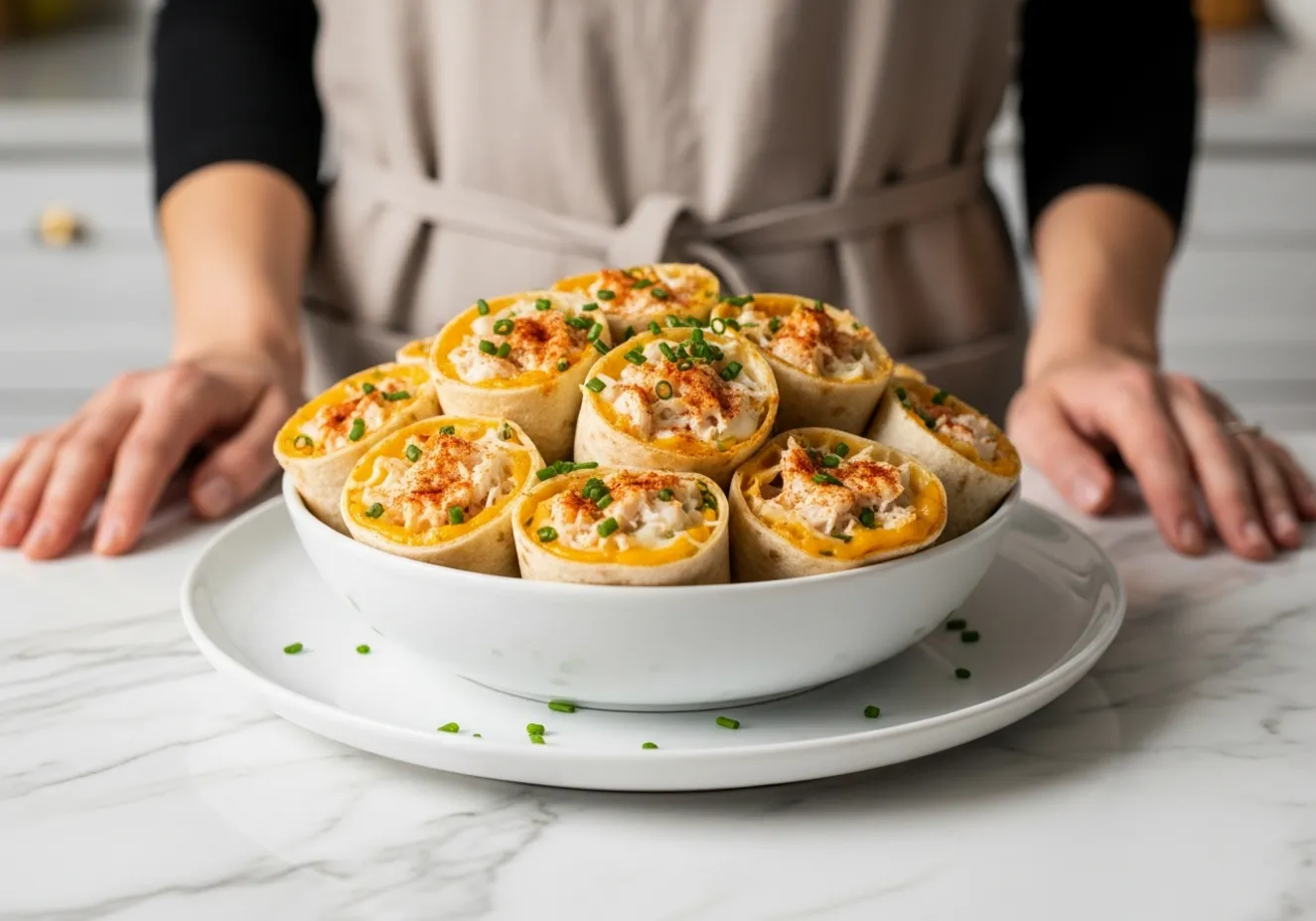 A person holding a golden-brown low-carb crab melt wrap cut in half to show the cheesy filling.