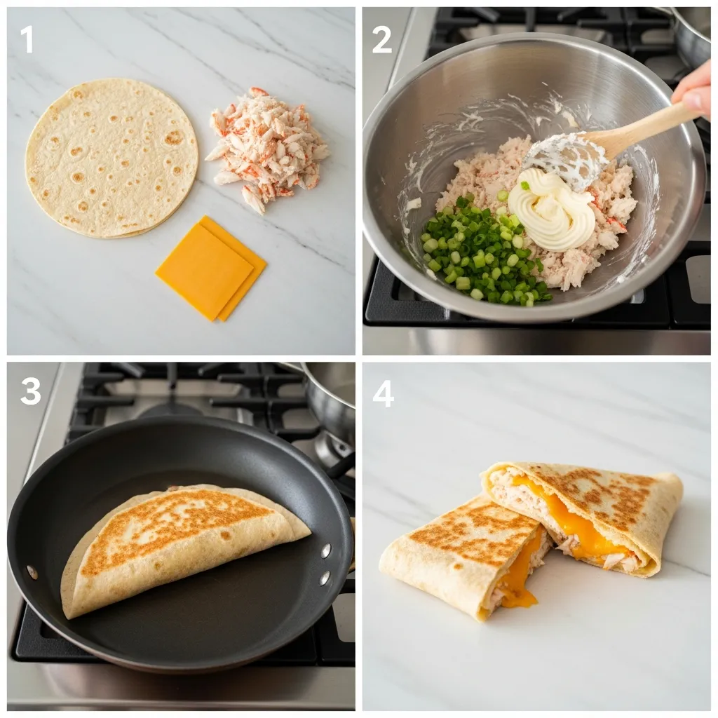 A four-panel grid showing the steps to make the crab melt wraps: mixing the salad, spreading it on a tortilla, adding cheese, and toasting in a pan.