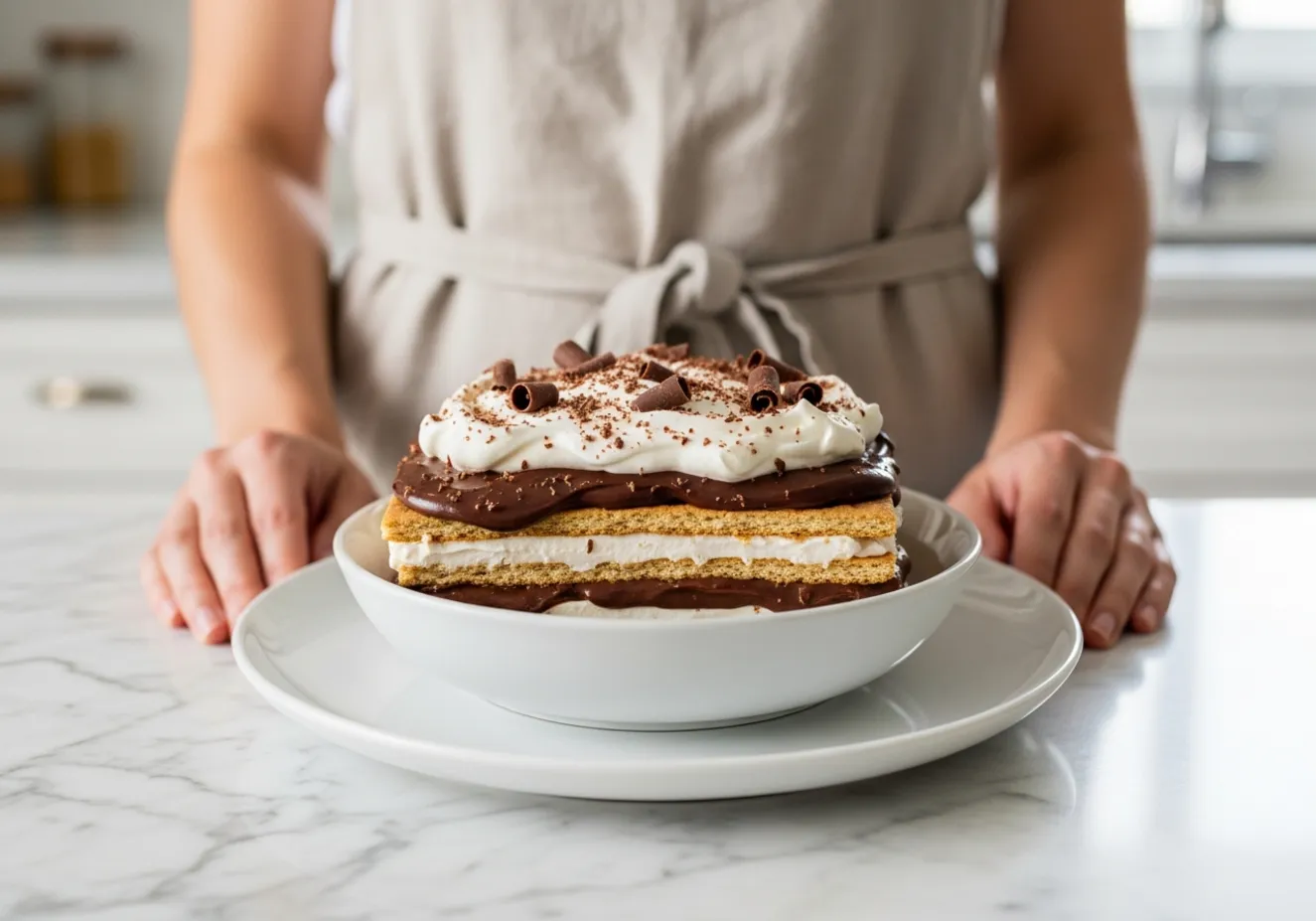 A slice of the no-bake chocolate eclair cake on a plate, showing the creamy layers.