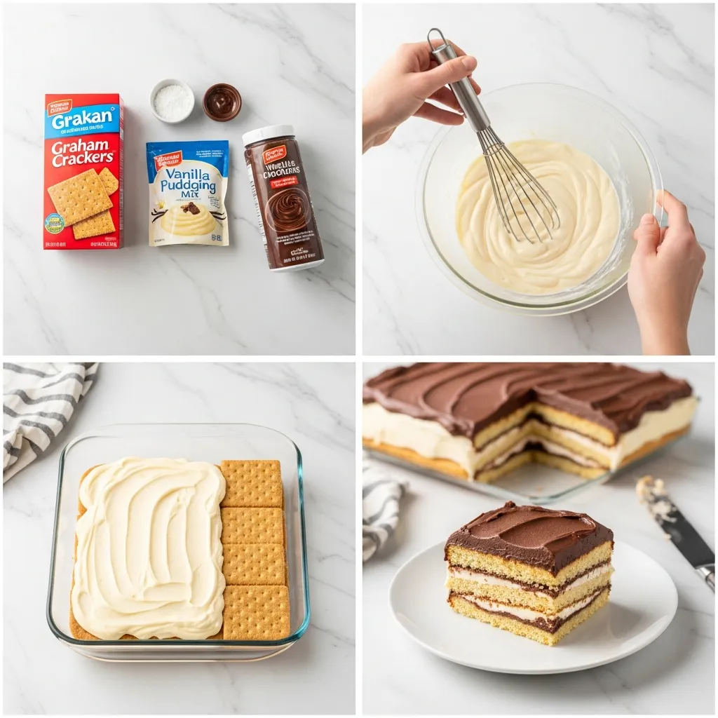 A grid showing the step-by-step assembly of the eclair icebox cake.