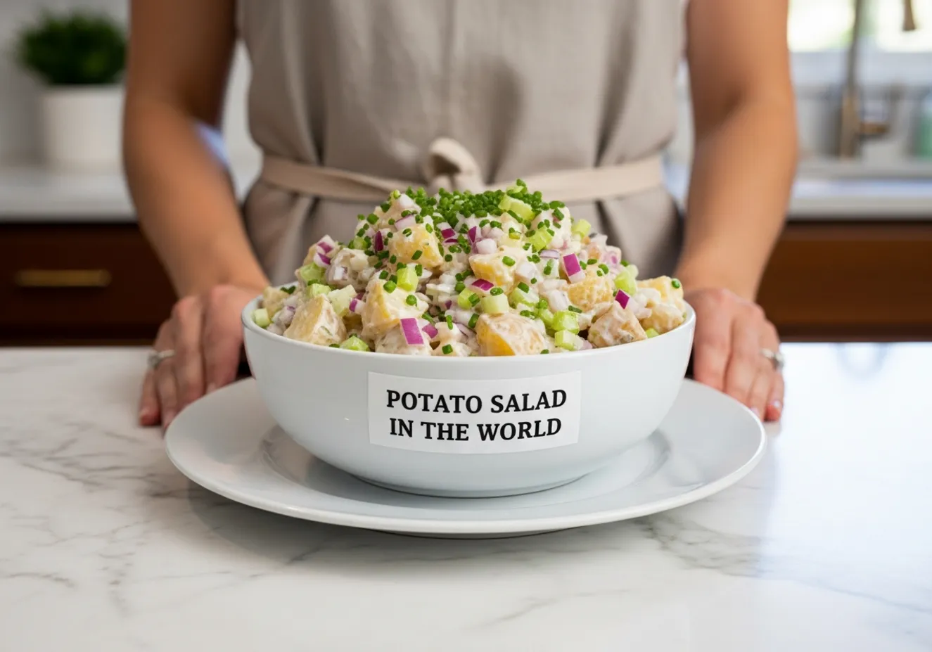 A beautiful bowl of the finished potato salad on a picnic table