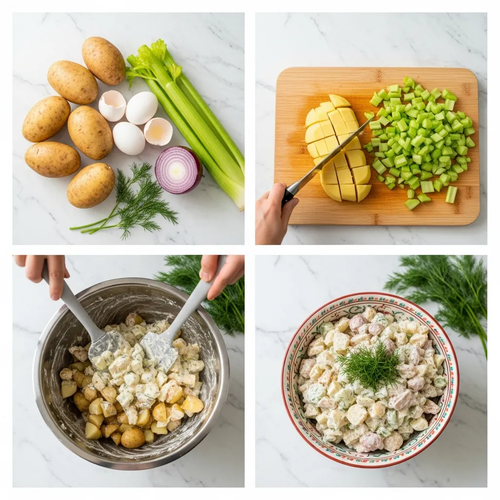 A grid of four images showing the steps to make potato salad
