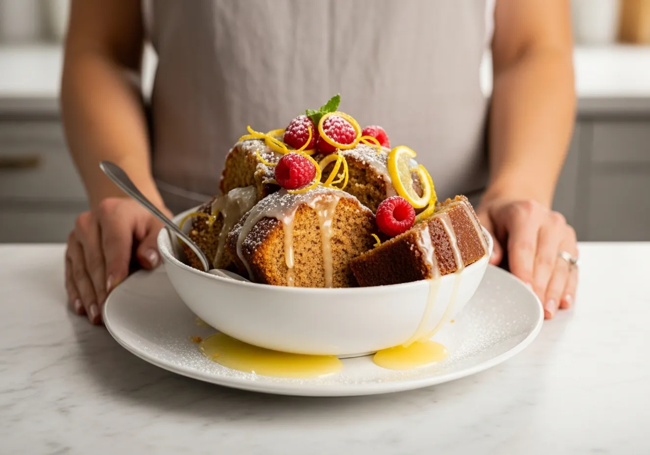 A freshly baked pound cake resting on a cooling rack in a kitchen setting.