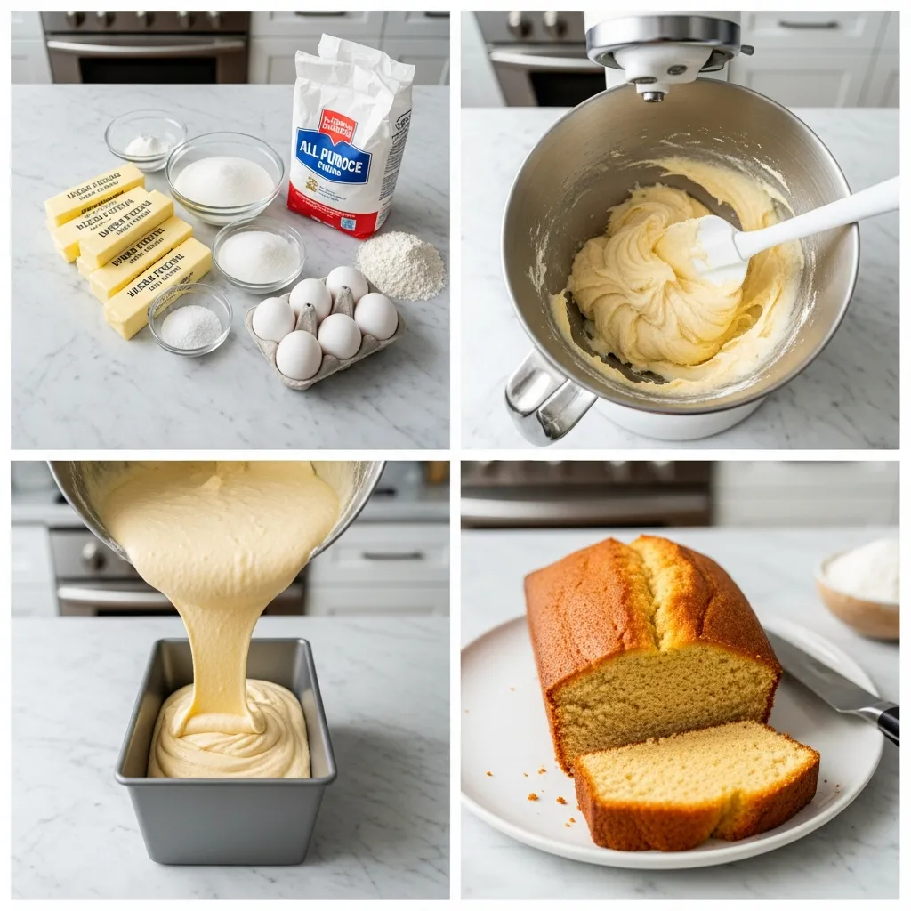 A four-panel grid showing the steps of making pound cake: creaming butter, adding eggs, mixing batter, and the final batter in the pan.