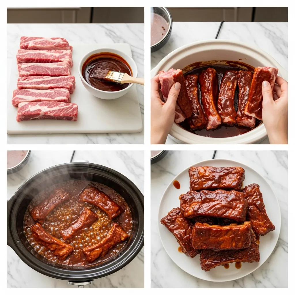 Panel 1: Raw country-style ribs and a bowl of dark BBQ sauce on a marble surface. Panel 2: Placing the sauce-coated ribs into the slow cooker pot. Panel 3: An overhead view of the ribs simmering in rich sauce inside the slow cooker. Panel 4: A pile of glossy, tender ribs on a plate.