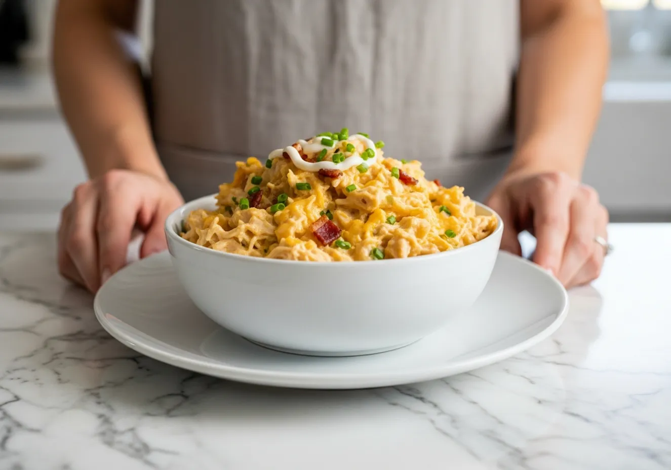 A serving of Slow Cooker Crack Chicken on a bun with a side of chips