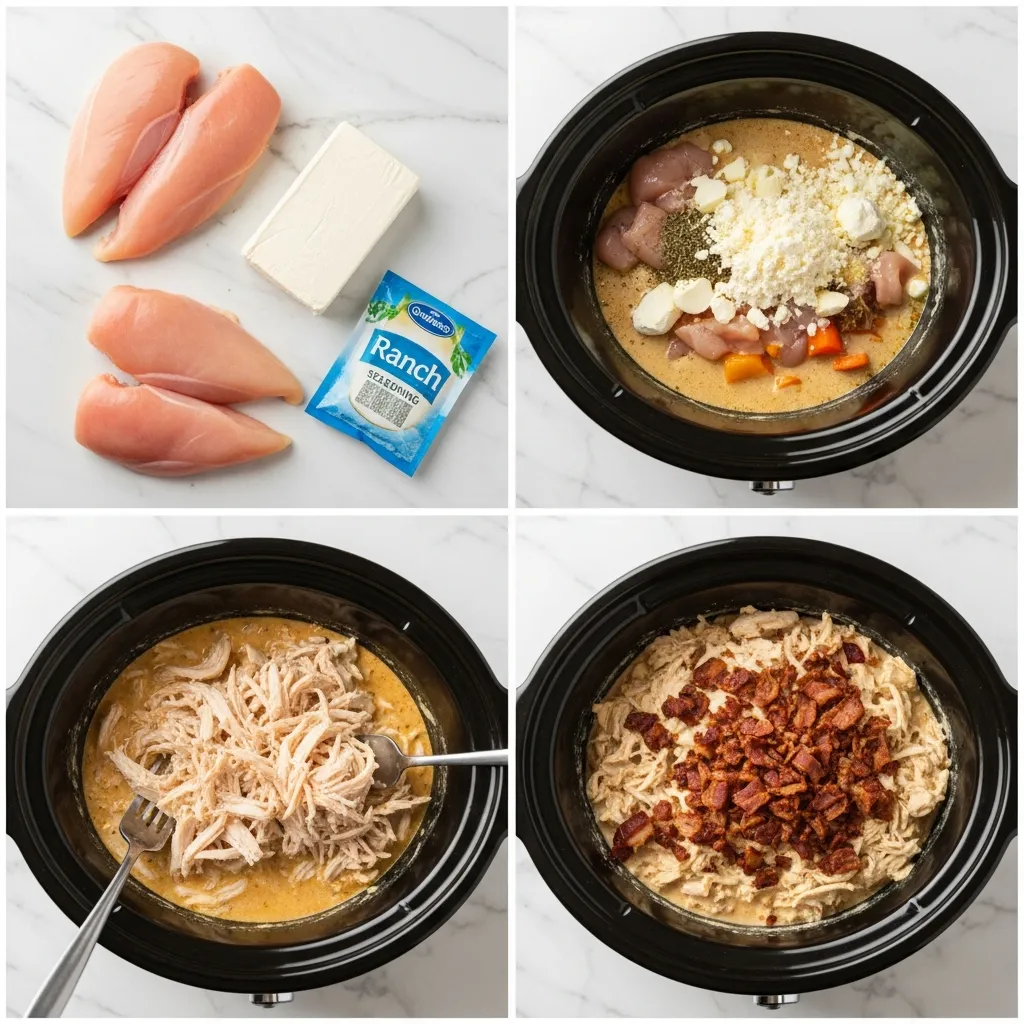 A grid showing the four steps: ingredients in the pot, cooked chicken, shredded chicken, and final mixture.