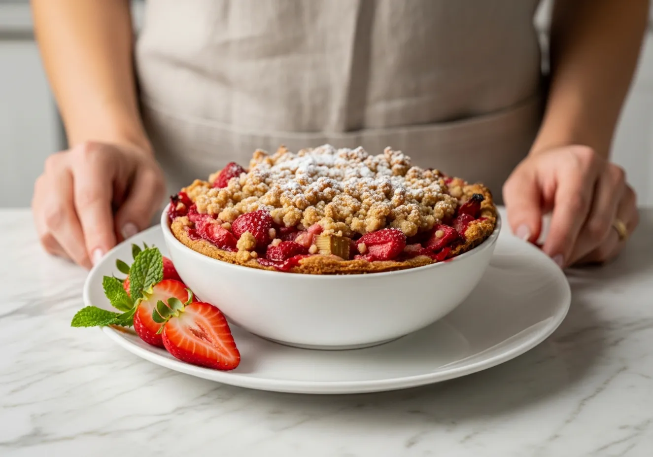 A beautiful slice of strawberry rhubarb pie with crumb topping on a plate.