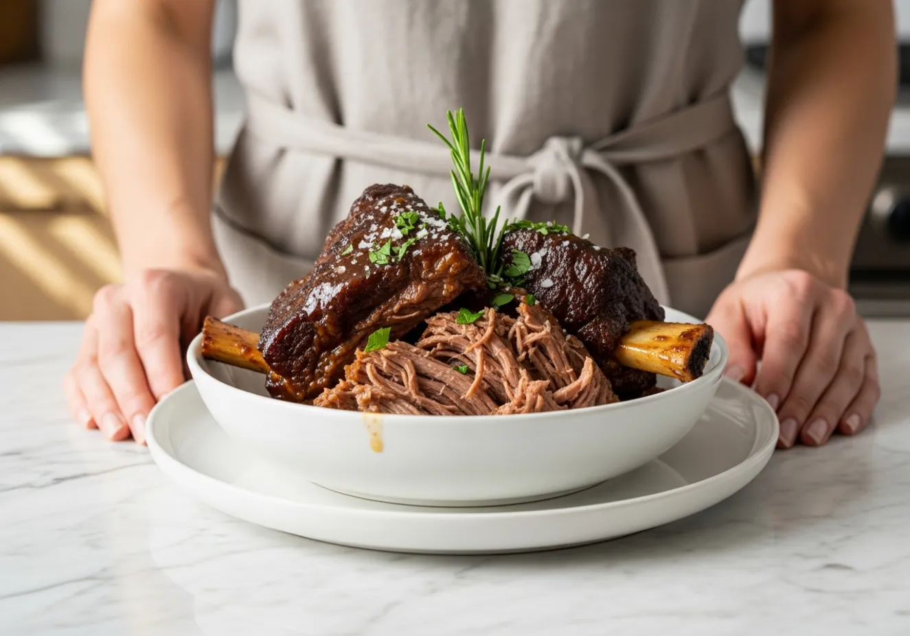 A lifestyle shot of the cooked short ribs being served.