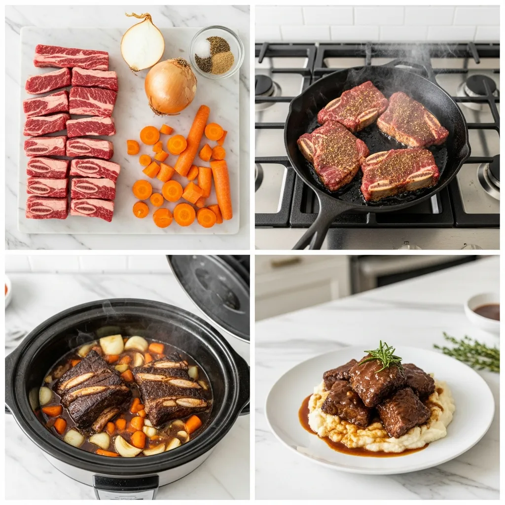 A grid showing the step-by-step process of making the short ribs.
