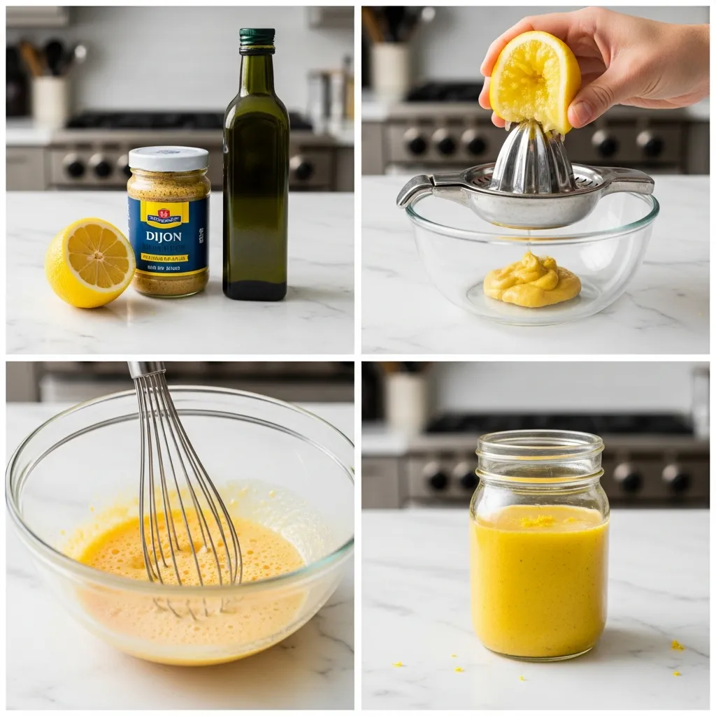 A grid of images showing the step-by-step process of making the vinaigrette.