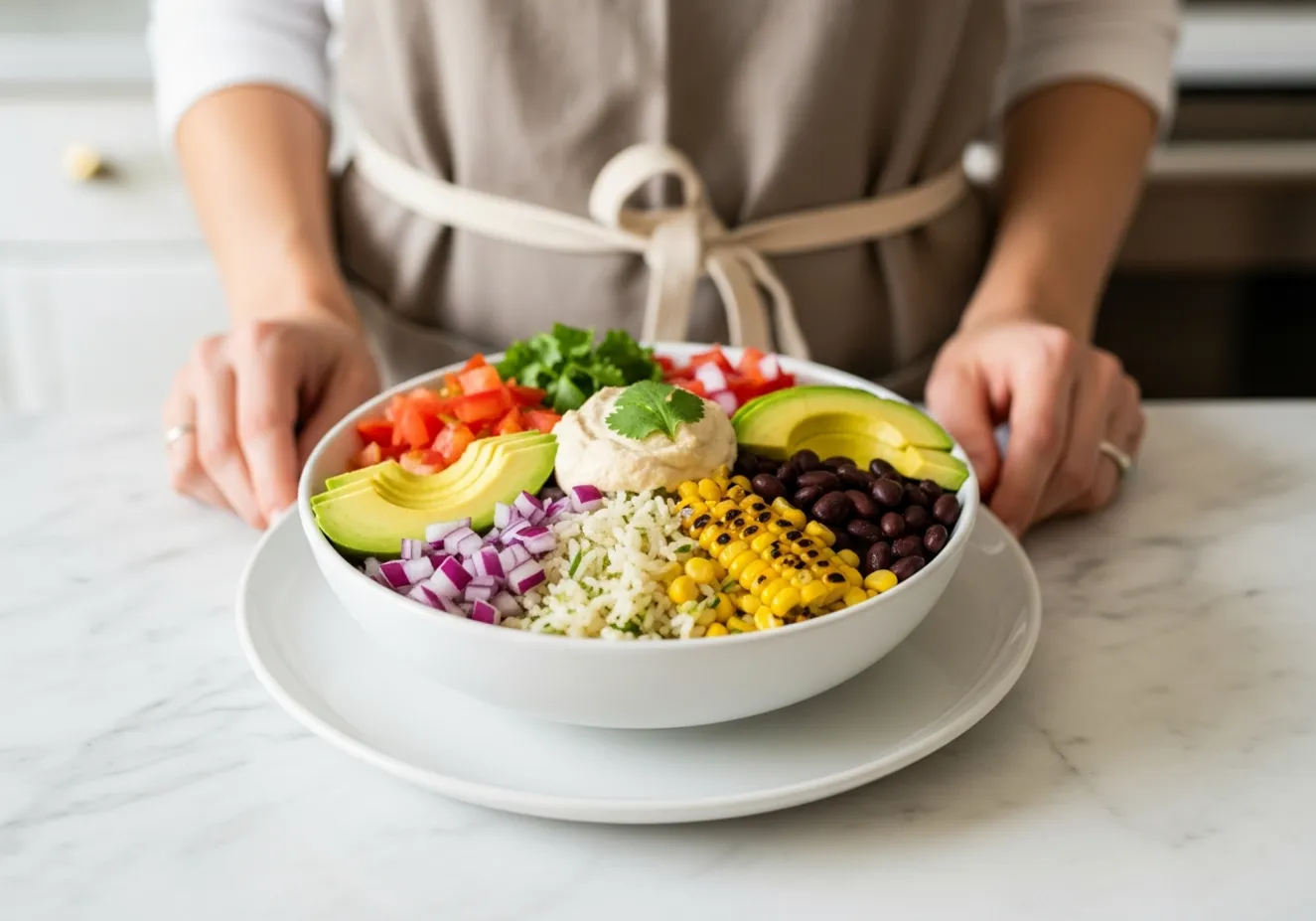A person assembling a colorful vegan burrito bowl with fresh ingredients.