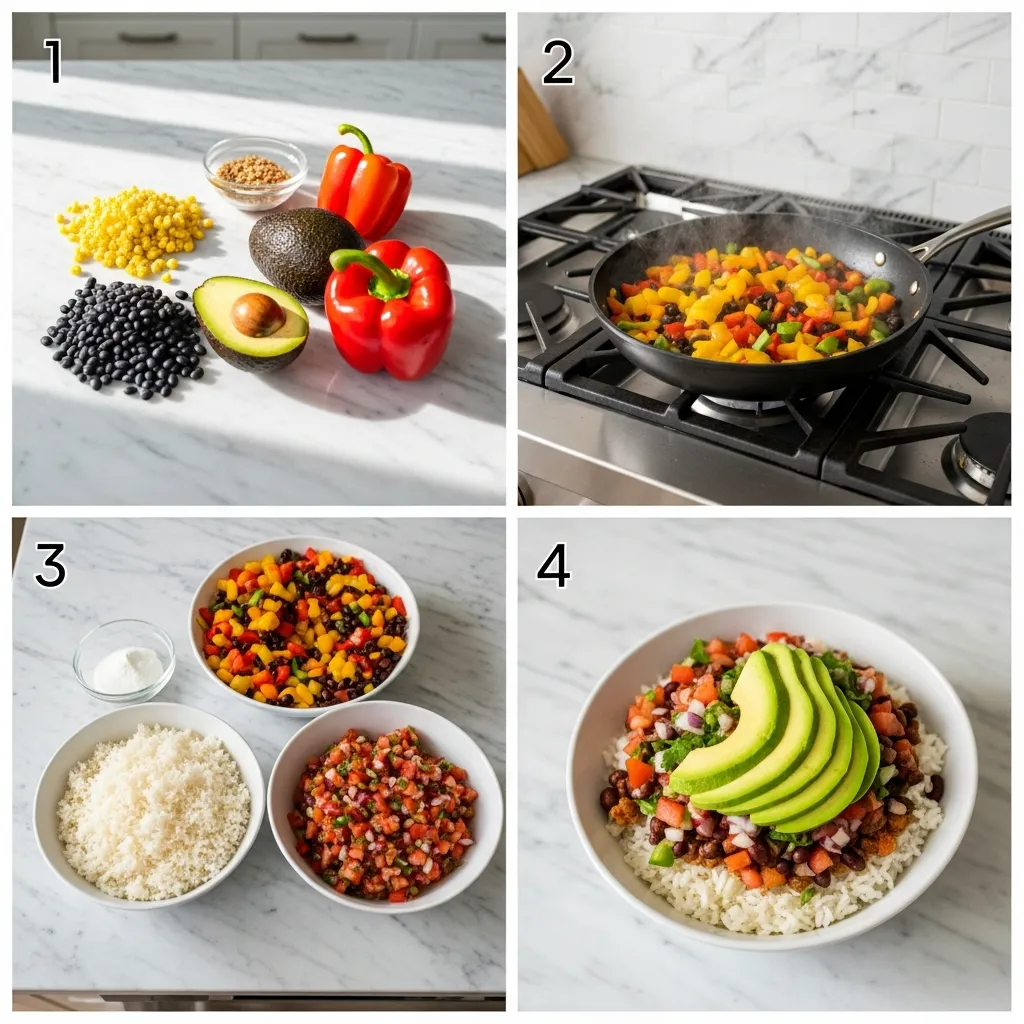 A four-panel grid showing the steps to make a vegan burrito bowl: cooking rice, seasoning beans, chopping vegetables, and assembling the bowl.